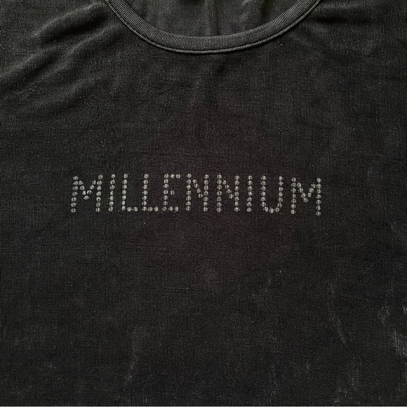 Vintage Black Stretchy Oversized Short Sleeve Ribbed "Millenium" Tee Shirt L XL - Picture 2 of 5